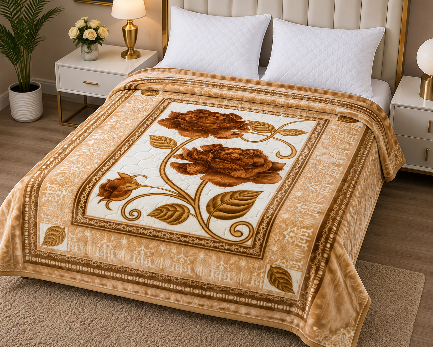 Premium Cloudy 2-Ply Double Bed Blanket Beige Brown